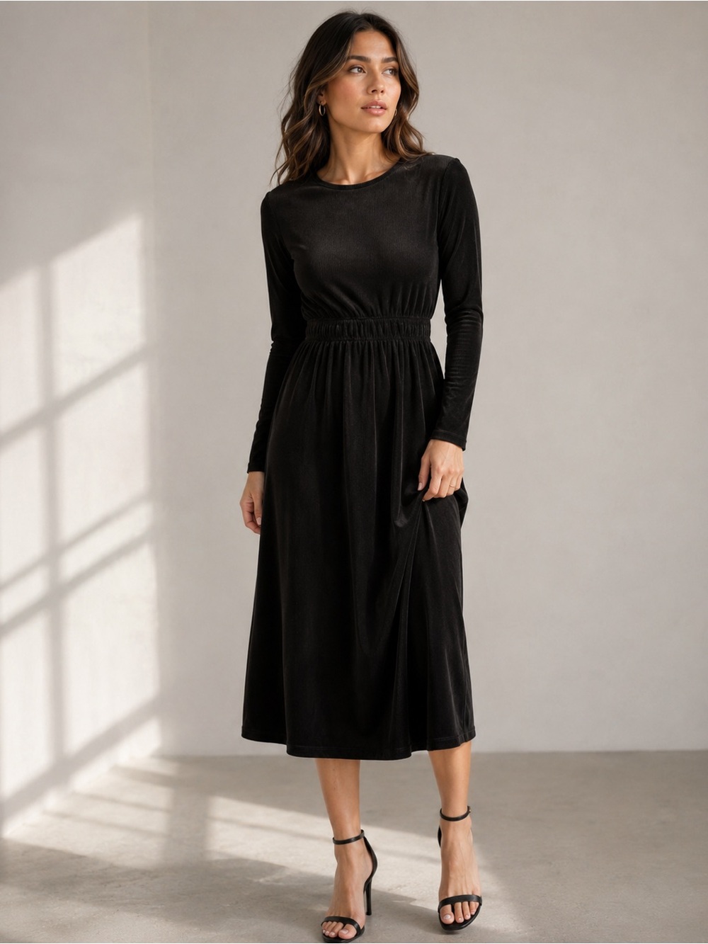 Zara Black Ribbed Midi Dress Long Sleeve Fitted Waist Size S NWT